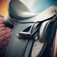 Black horse leather saddle, brown saddle blanket and stirrups with dark straps dressed on the horse.