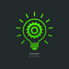 Green bulb with gear. Eco Idea symbol. Vector Illustration