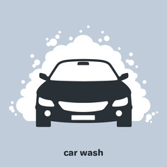 Car wash icon, car in foam, flat vector image on a gray background