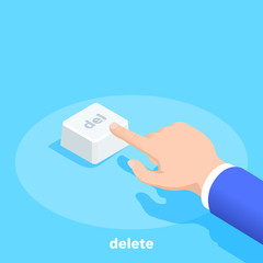 isometric vector image on a blue background, a man in business clothes presses the delete button