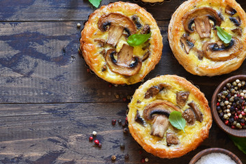 Tartlets with mushrooms and chicken on a wooden background. View from above.