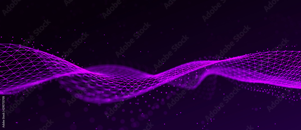 Poster Wave of musical sounds. Abstract background with interweaving of dots and lines. 3D rendering.
