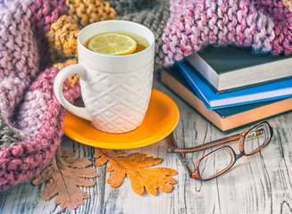A сup of tea, stack of books, glasses and dry leaf on the background of a knitted blanket.