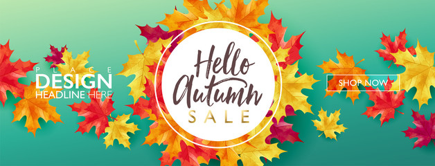 Autumn seasonal sale discount marketing design layout. Hello autumn banner concept. Maple theme design on green gradient background. Vector illustration template.