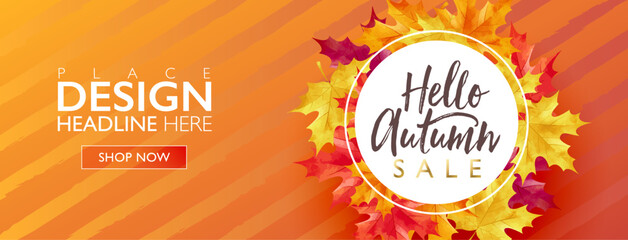 Autumn sale discount marketing design layout. Hello autumn banner concept. Maple theme design on stripe orange gradient background. Vector illustration template.