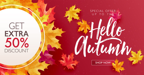 Autumn sale discount marketing design layout. Hello autumn banner concept. Maple red theme design on gradient background. Vector illustration template.