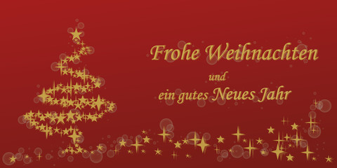weihnachtsrote Karte mit Text Frohe Weihnachten und ein gutes Neues Jahr auf Deutsch mit Weihnachtsbaum und Sternenschweif