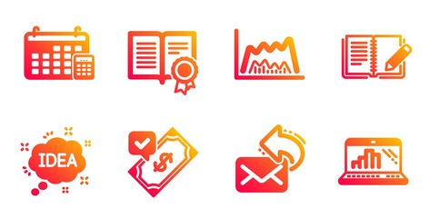 Trade chart, Idea and Share mail line icons set. Diploma, Accepted payment and Calendar signs. Feedback, Graph laptop symbols. Market data, Creative message. Education set. Vector