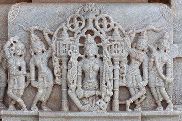 Ancient bas-relief of famous Neminath Jain temple in Ranakpur, Rajasthan state of India