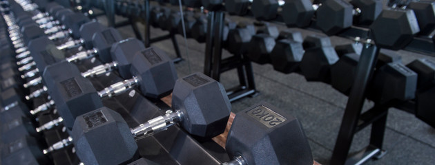 Close up many metal dumbbells on rack in sport fitness center
