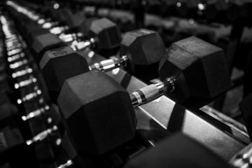 Close up many metal dumbbells on rack in sport fitness center