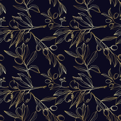 Vector Olive branch with fruit. Black and white engraved ink art. Seamless background pattern.