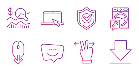 Confirmed, Portable computer and Washing machine line icons set. Touchscreen gesture, Check investment and Scroll down signs. Smile face, Downloading symbols. Gradient confirmed icon. Vector