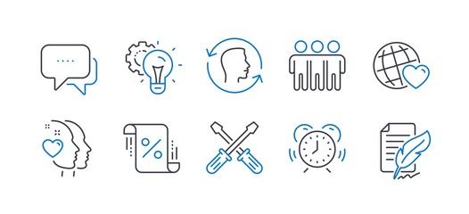 Set of Business icons, such as Message, Face id, Time management, Screwdriverl, Heart, Friends world, Idea gear, Loan percent, Friendship, Feather signature line icons. Line message icon. Vector