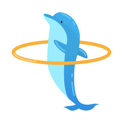 Blue dolphin jumping through the orange ring. Vector illustration isolated on white background