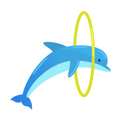 Obraz premium Blue dolphin jumping through the yellow ring. Vector illustration isolated on white background
