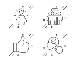 Like, Employees group and Brand ambassador line icons set. Select user sign. Thumbs up, Collaboration, Man speak. Head with checkbox. People set. Line like outline icon. Vector