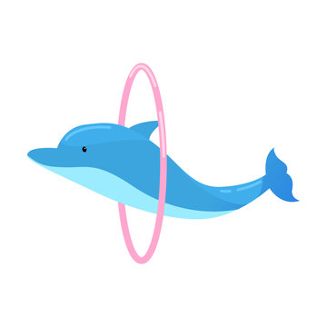 Blue dolphin jumping through the pink ring. Vector illustration isolated on white background