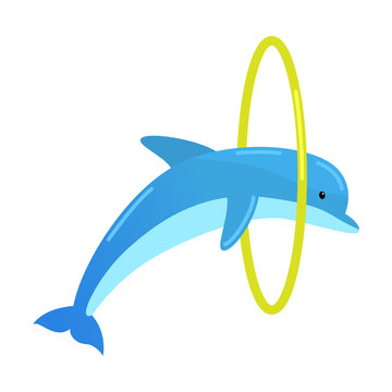 Blue dolphin jumping through the yellow ring. Vector illustration isolated on white background