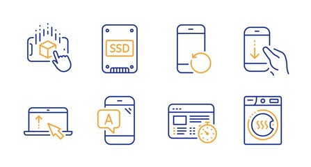 Ssd, Scroll down and Recovery phone line icons set. Swipe up, Web timer and Ab testing signs. Augmented reality, Dryer machine symbols. Solid-state drive, Swipe phone. Technology set. Vector