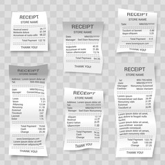 Realistic paper shop receipts set
