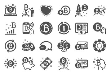 Cryptocurrency icons. Set of Blockchain, Crypto ICO start up and Bitcoin icons. Mining, Cryptocurrency exchange, gold pickaxe. Bitcoin ATM, crypto coins, financial ico markets, blockchain. Vector