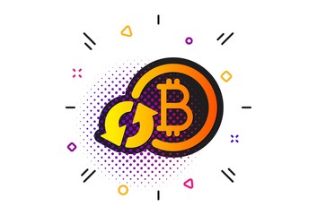 Refresh cryptocurrency coin sign. Halftone circles pattern. Bitcoin icon. Crypto money symbol. Classic flat refresh bitcoin icon. Vector