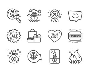 Set of Holidays icons, such as Smile face, Fastpass, Discount, World globe, Sale, Hot sale, True love, Ship travel, Search flight, Santa sack, Crane claw machine, Shopping line icons. Vector