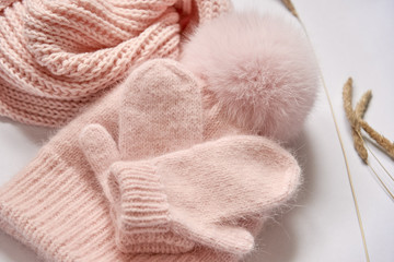 set of knitwear, hat snood and mittens