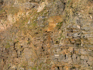 Weathered, eroded sea cliffs at Hermaness on the island of Unst in Shetland, Scotland, UK. This...
