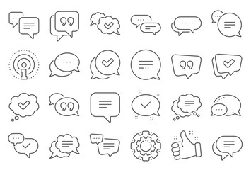 Chat and quote line icons. Approved, Checkmark box and Social media message. Chat speech bubble, Tick or check mark, Comment quote icons. Think, approved talk, speech bubble. Line signs set. Vector