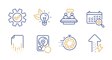 Recovery hdd, Seo timer and Eco energy line icons set. Recovery file, Service and Employees talk signs. Medical calendar, Energy growing symbols. Backup info, Cogwheel. Science set. Vector