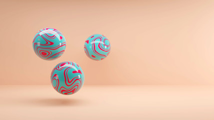 Three levitating balls on the background in trending colors. 3d rendering