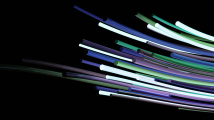 A bunch of glowing fibers against black background; data flow concept; energy; 3d render;