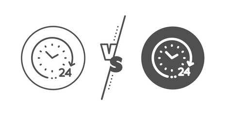 Clock sign. Versus concept. 24 hours time line icon. Watch symbol. Line vs classic 24 hours icon. Vector