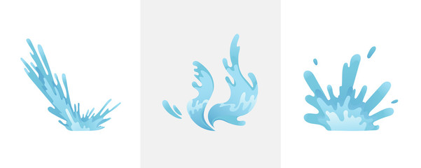 Blue waves and water splashes set, wavy symbols of nature in motion vector Illustrations.