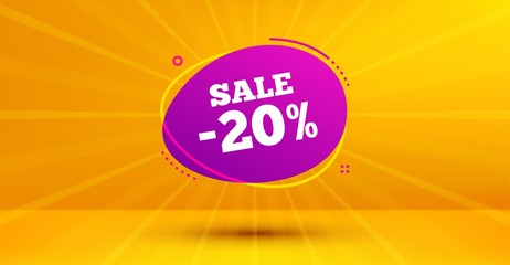 Discount banner shape. Sale 20% off badge. Coupon bubble icon. Abstract yellow background. Modern concept design. Banner with offer badge. Vector