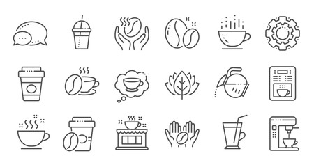 Coffee line icons. Beans, hot cocktail and coffee maker machine. Espresso cup, cappuccino line icons. Latte vending machine and roasted beans. Linear set. Quality line set. Vector