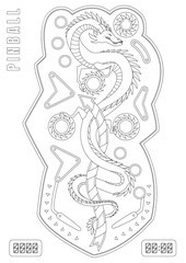 Coloring book pinball composition with pinball hit strike description and dragon image vector illustration.