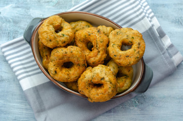Traditional Turkish pastry : Pişi ; fried dough in oil with dill