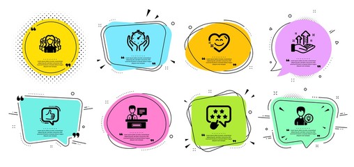 Like, Person idea and Women group line icons set. Chat bubbles with quotes. Smile chat, Timer and Exhibitors signs. Analysis graph, Ranking star symbols. Thumbs up, Lamp energy. People set. Vector