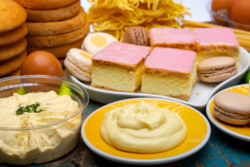 Presentation of different food collection made with fresh chicken eggs