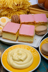 Presentation of different food collection made with fresh chicken eggs