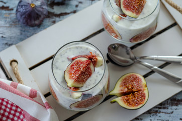 Healthy breakfast from natural ingredients .Figs and chia seeds smoothies