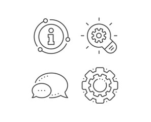 Cogwheel line icon. Chat bubble, info sign elements. Engineering tool sign. Idea bulb symbol. Linear cogwheel outline icon. Information bubble. Vector