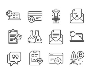 Set of Technology icons, such as Winner podium, Reject letter, Report checklist, Change card, Chemistry lab, Bitcoin project, Recovery laptop, Online test, Megaphone checklist line icons. Vector