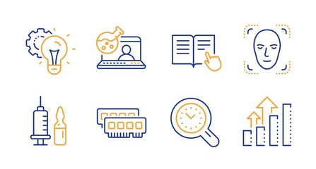 Idea gear, Read instruction and Ram line icons set. Time management, Online chemistry and Medical vaccination signs. Face detection, Analysis graph symbols. Technology process, Opened book. Vector