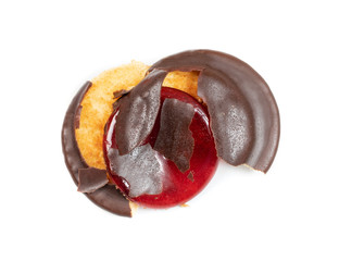 Round chocolate jaffa cake or biscuit cookie filled with natural jam