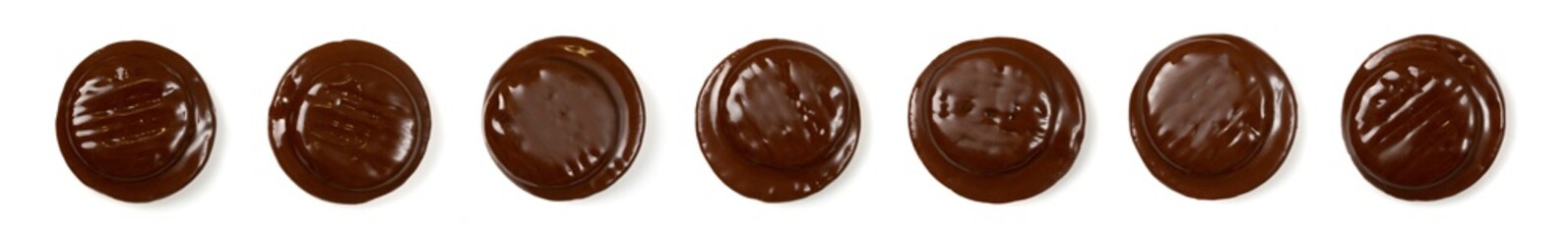 Round chocolate jaffa cake or biscuit cookie filled with natural jam