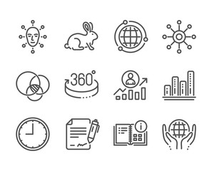 Set of Science icons, such as Multichannel, Instruction info, Animal tested, 360 degrees, Face biometrics, Organic tested, Graph chart, Signing document, Career ladder, Globe, Time. Vector